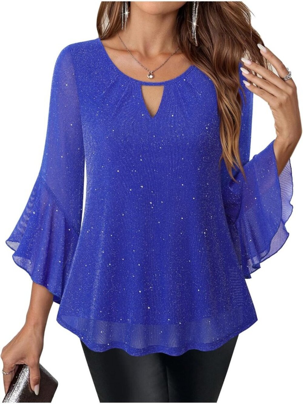 Women's Shirts Sparkly Blue Ruffle 3/4 Sleeve Blouses Glitter Cocktail Party Top